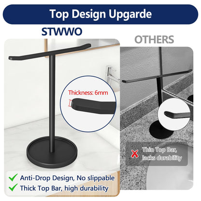 STWWO Hand Towel Holder, Stainless Steel Towel Holder Stand for Bathroom, Kitchen Countertop, T-Shaped Hand Towel Rack Stand, Black