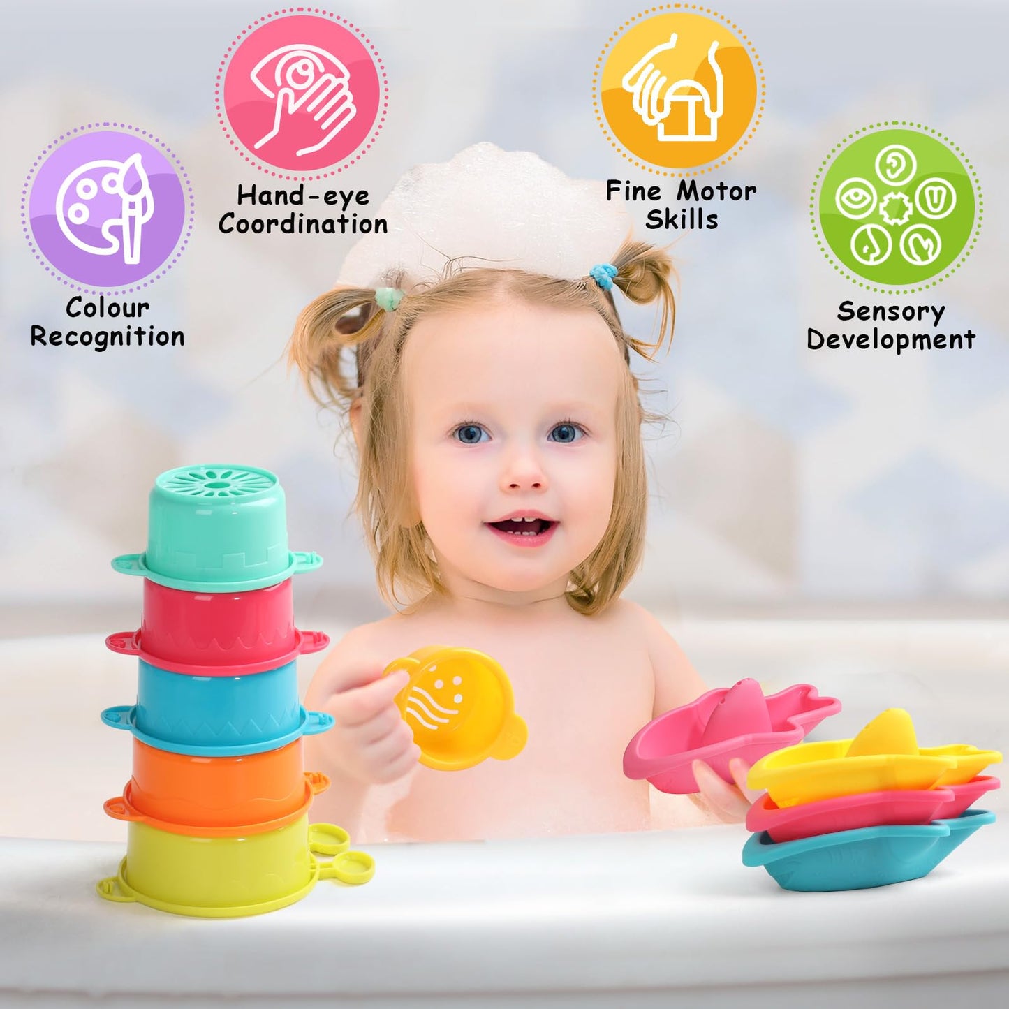 Zeewoo Baby Bath Toys for Kids Ages 1-3 Toddler Bath Toys Mold Free Bathtub Toys for 12+ Months Pool Water Table Beach Sand Toys Stacking Cups Floating Boats for 1+ Years Old Girls Boys Gifts 11 PCS