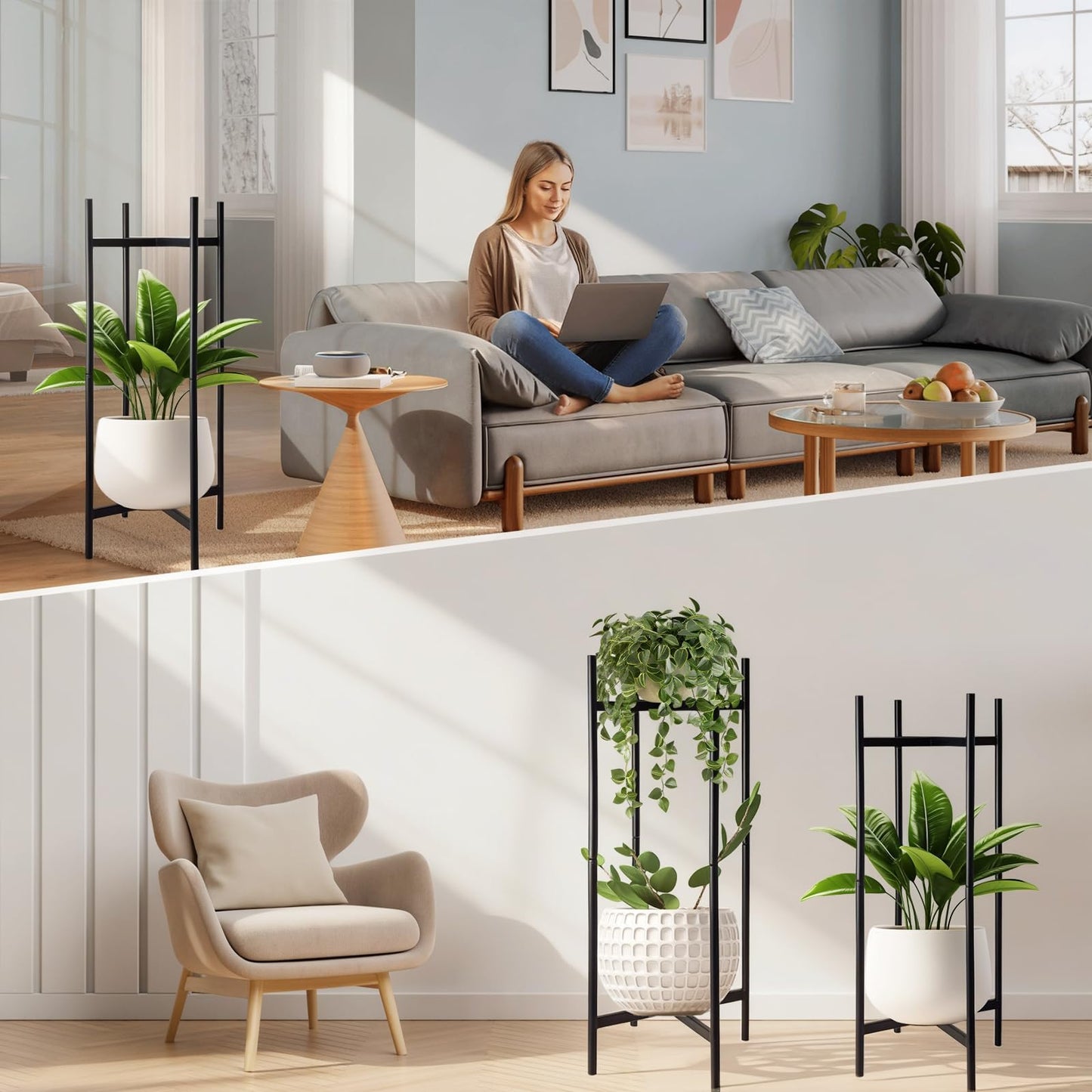 XYCCRX 2 Tier Metal Plant Stand Set of 2, Tall Indoor Plant Stands for Home Room, Corner Flower Pot Holder Rack for Patio Balcony Garden, Modern Planter Shelf for Large Small Potted Plants, Black