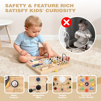 Joyreal Wooden Busy Board Montessori Toys for Toddlers, Sensory Activity Board with LED Lights, Music Box & Locks, Educational Learning Toy Gifts for Boys and Girls