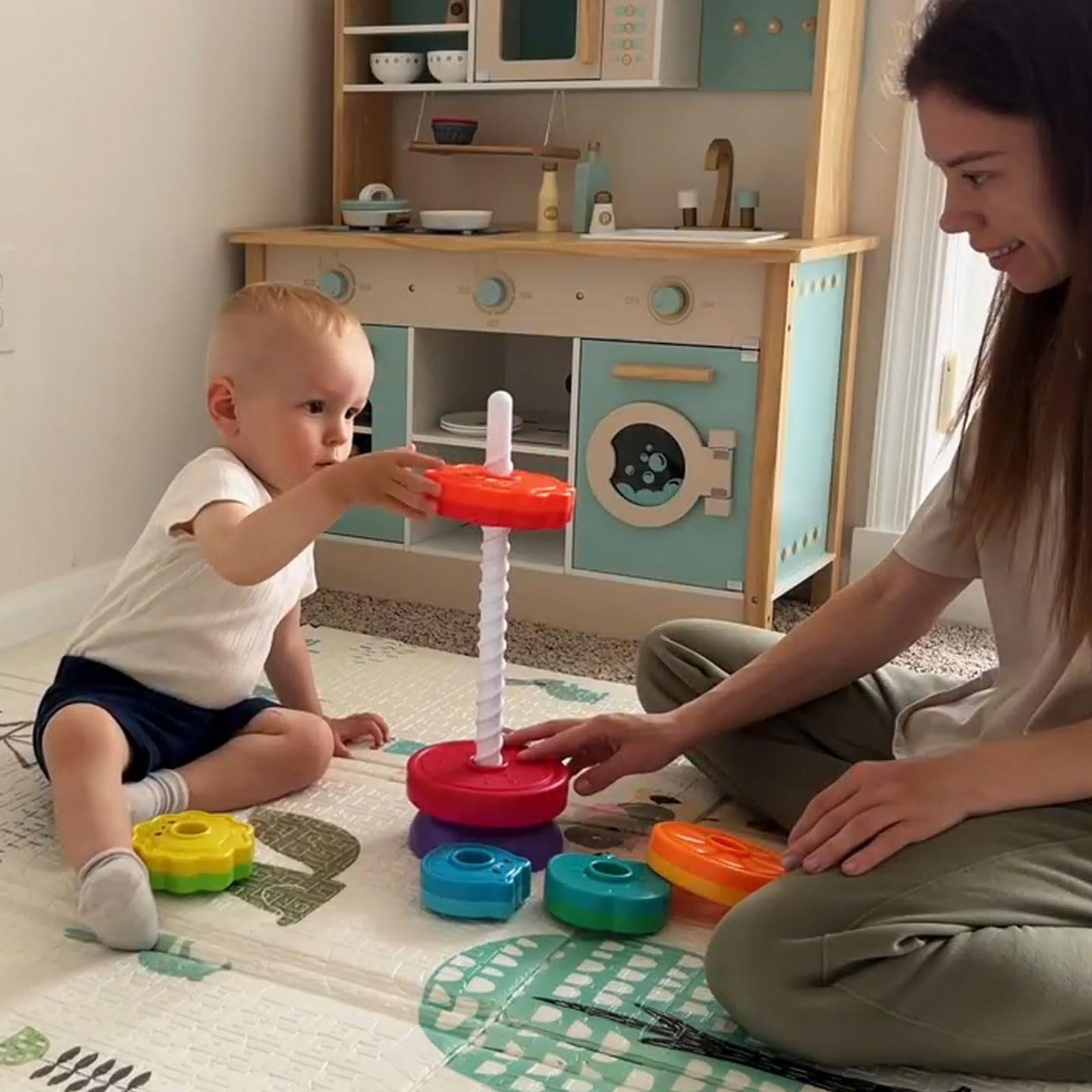 PracticeJQDEN Educational Baby Spinning Stacking Toy, Stacking Rings Baby Toy, Montessori Learning Toys for Toddlers, Fine Motor and Sensory Toys for Kids, Gift for Baby Girls Boys Age 12+ Months