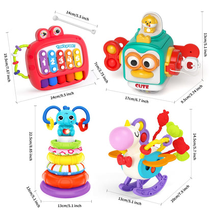 usrela 4 in 1 Baby Toy for 6 9 12 18 Month, Learning Toys for Babies 6-12 Months, Baby Busy Cube, Stacking Sorter, Pull String & Piano Xylophone Travel Toy, Birthday Gift for 1 2 Year Old