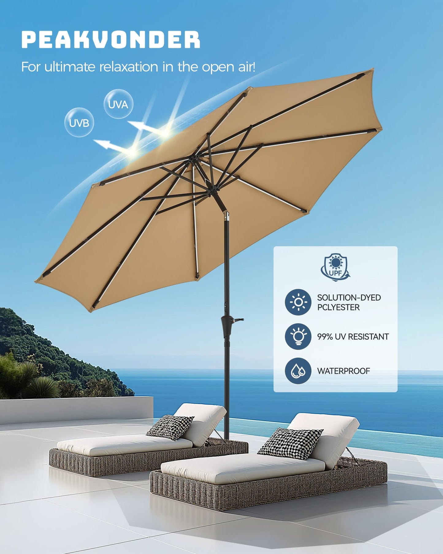 PEAKVONDER 7.5 ft Outdoor Patio Umbrella with Solar Lights - Small Heavy Duty Beach/Table/Pool/Deck/Market Umbrella, Dual Charging, Tilt, APP & Button Control, UV/Fade-Resistant, Tan HPU752T