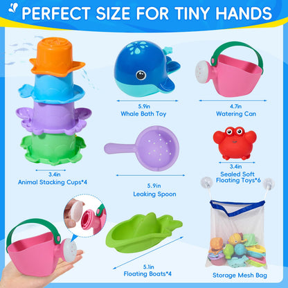 Baby Bath Toys for Kids Ages 1-3, 17PCS Mold-Free Toddler Bath Toys, Colorful Bath Boats & Stacking Cups &Whale Bath Toy, No Hole Floating Tub Toy and Storage Bag, Baby Pool Water Table Toys