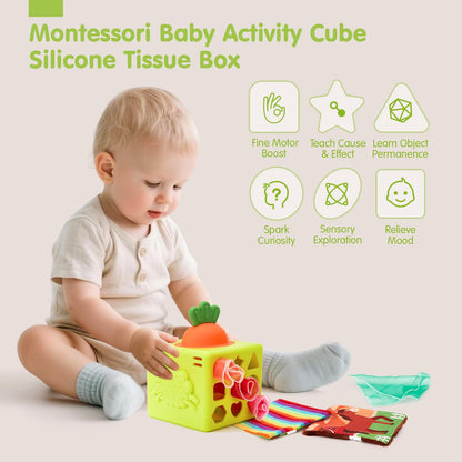 hahaland Silicone Baby Tissue Box Toy - Baby Toys 6-12 Months Montessori Toys for 6 Month Old Babies, 6-in-1 Soft Busy Activity Cube with Scarves, Crinkle, Textures, Mirror, Sensory Popper 9 Month Old