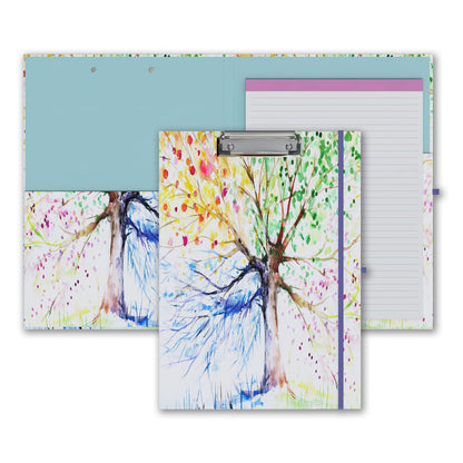Cute Clipboard Folio with Refillable Lined Notepad and Interior Storage Pocket for Office Stylish A4 Foldable Clipfolio - Tree Seasons