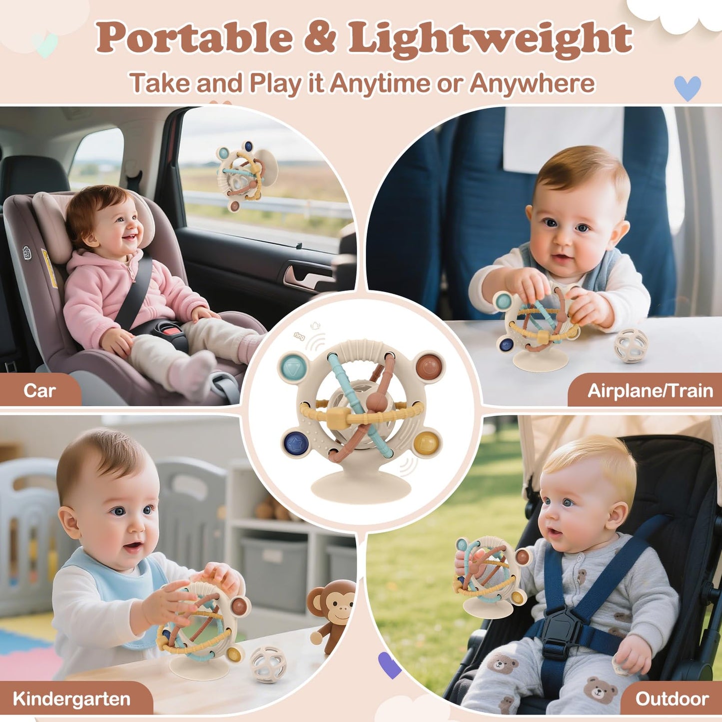 TYRY.HU Silicone Baby Teething Toys for Babies 0-6 6-12 Months, Multi Purpose High Chair Toys with Suction Cup, Baby Suction Table Toys, Montessori Sensory Toys with Rattle for Teething Relief, Khaki