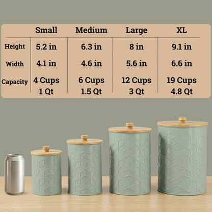 Kitchen Canisters for Countertop Set of 4 - Textured Iron Kitchen Canisters with Airtight Lids - Flour Sugar Canister Set - Flour and Sugar Containers Farmhouse - Coffee Jar for Counter - Sage Jar x4
