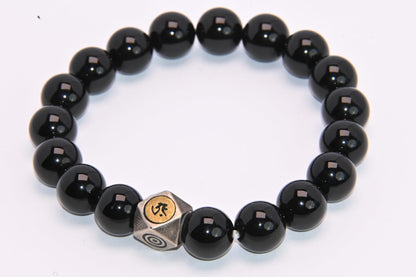 FAIRY CONCEPT Natural Black Obsidian Beaded Bracelet with Metal Charm, Polished Stone Beads, Elastic Stretch Design, Unisex Protection Jewelry