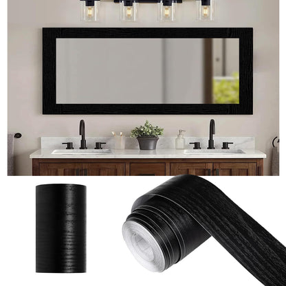 Alened 10M Black Wood Grain Mirror Frame Border Peel and Stick Wallpaper, Removable PVC Waterproof Bathroom Mirror Tape Sticker Trim, Kitchen Wallpaper Self Adhesive Decor Sticker 2" x 393"