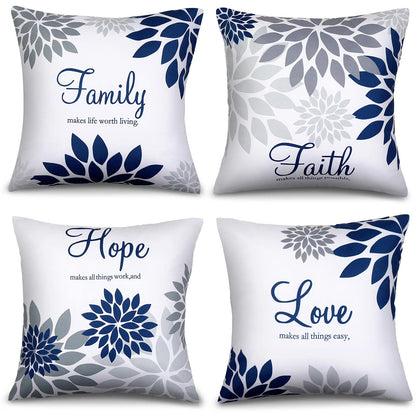 Tatuo 4 Pcs Flower Pillow Covers Square Spring Pillow Cushion Cases 18 x 18 Inch Family Faith Hope Love Words Decorative Summer Winter Cushion Case for Bed Couch Sofa Living Room(Gray Series)