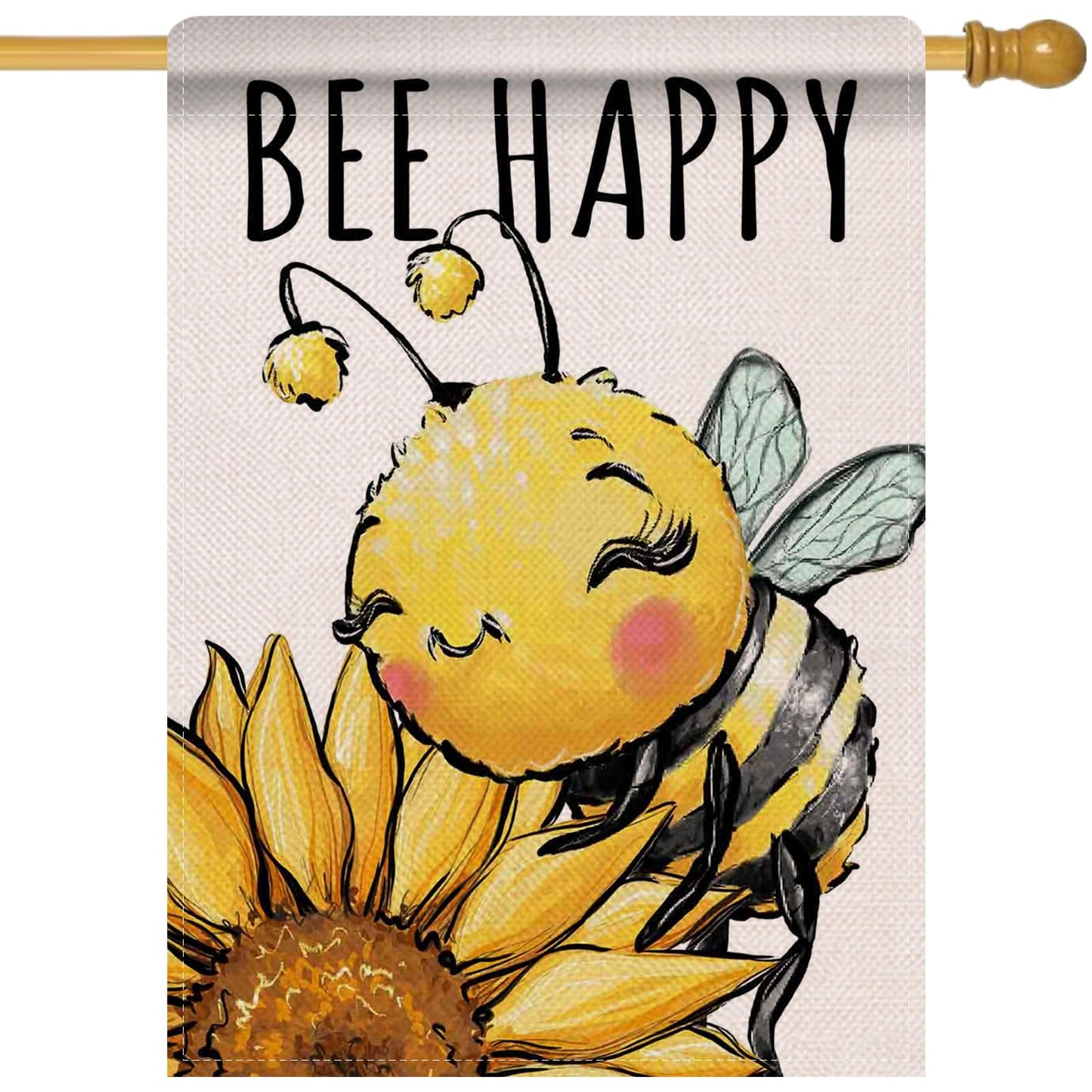 Artofy Spring Summer Bumble Bee Sunflower Large Decorative House Flag, Bee Happy Flower Floral Yard Garden Outside Decor, Honeybee Seasonal Burlap Outdoor Home Decoration Double Sided 28 x 40