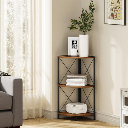 Snughome Corner Shelf with Metal Frame, 3 Tier Rustic Corner Storage Organizer, Freestanding Corner Bookshelf Stand Display Rack for Kitchen, Living Room