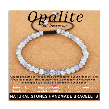 AD Beads 4mm Opalite - Self-Descovery - Handmade Natural Stone Crystal Bracelet with Adjustable Macrame String - Yoga Healing Power Energy Gifts for Men and Women