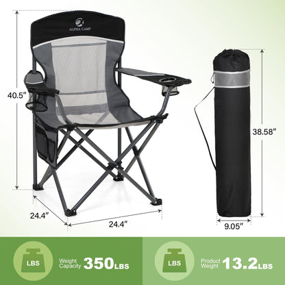 LET'S CAMP 2 Pack Mesh Back Camping Chair Portable Folding Heavy Duty Outdoor Chair Support 330 LBS Durable Large Arm Chair with Cup Holder and Carry Bag for Camp, Fishing, Hiking, Black
