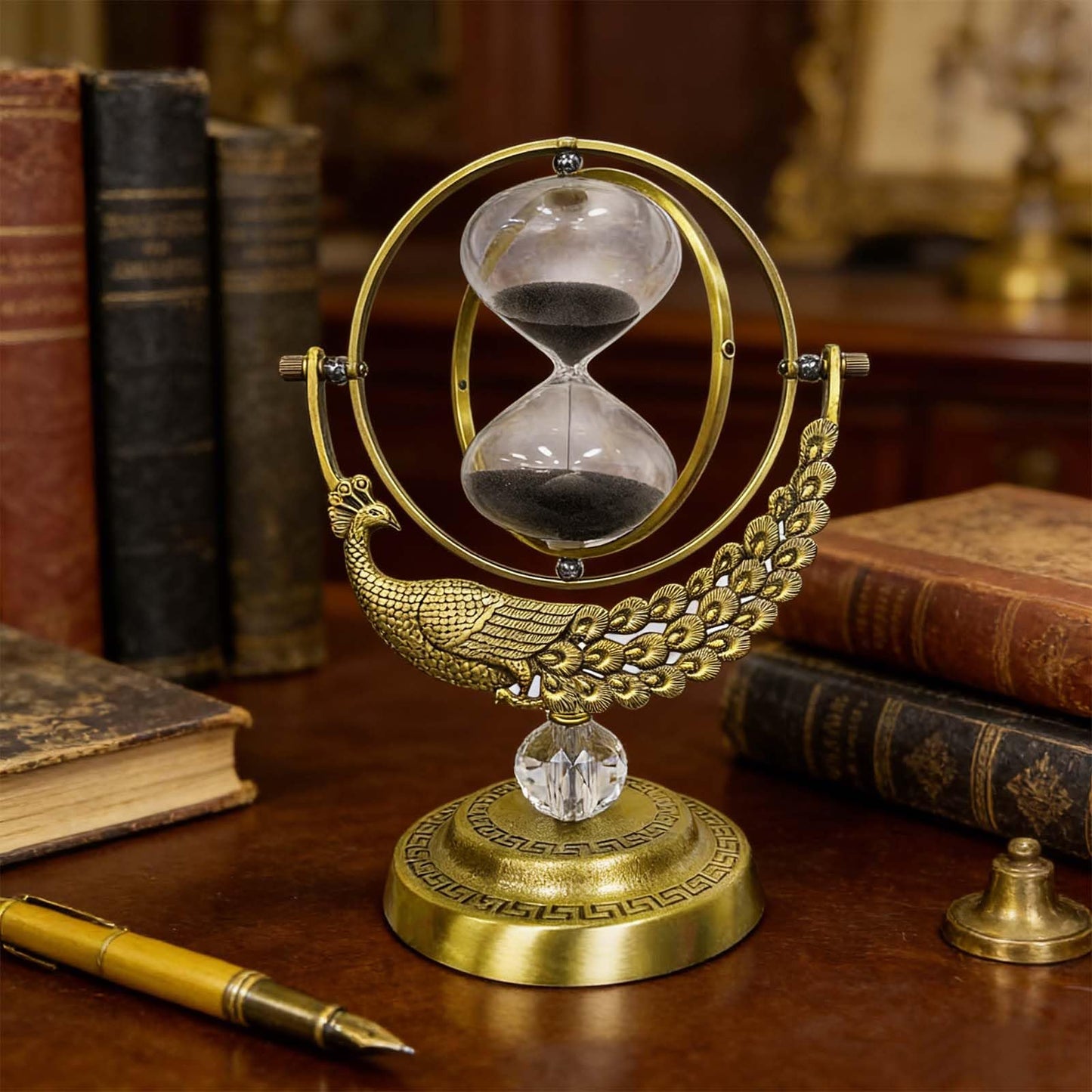 SuLiao Hourglass Sand Timer, 60 Minute Peacock Rotating Hour Glass, 60 Min Unique Black Sand Clock, Large 1 Hour Brass Sandglass, 1 hr Metal Decorative Reloj De Arena, Desk, Office, Home