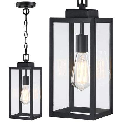 15'' Outdoor Pendant Light, Modern Outside Chandelier Outdoor Hanging Lantern Light, Matte Black with Clear Glass, Exterior Pendant Lighting Fixture Ceiling Mount for Porch, Entryway, Gazebo, 1Pack