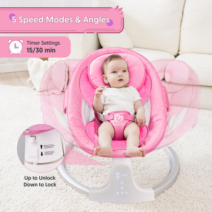 Bluetooth Baby Swing for Infants, Compact & Portable Pink Baby Girl Swing, 3 Seat Positions, 5 Swing Speed, 10 Music, Remote Control, Plug-in Power, Reversible Cushion, mecedora eléctrica para Bebe