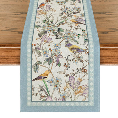 Artoid Mode Blue Birds Flowers Blossom Table Runner, Seasonal Spring Floral Kitchen Dining Table Decoration for Home Party Decor 13x72 Inch
