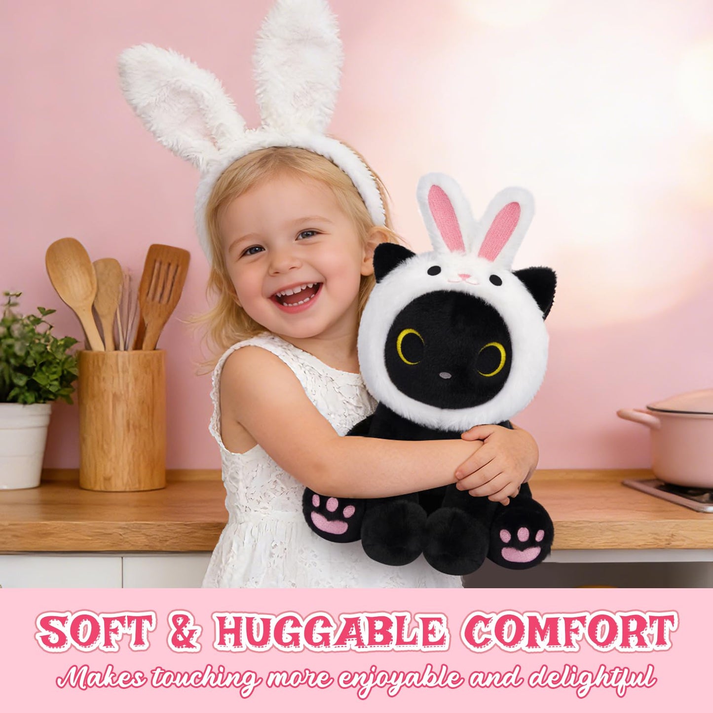 Hagusahuo Black Cat Plush with Removable Bunny Hood, Cute Stuffed Animal Kawaii Soft Toy for Kids Toddlers, Birthday Gift for Boys Girls, Party Favors