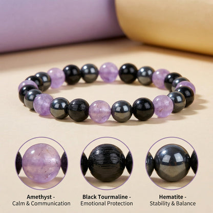 Bivei Empath Bracelet, Strength Crystal Healing Bracelet 8MM with Hematite & Amethyst & Black Tourmaline - Spiritual Stretch Beaded Jewelry for Women Men Gift