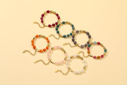NVWAROCK Beaded Bracelet for Women, Gemstone Bracelet, 14K Gold Plated Stackable Handmade Oval Stone Bracelet Jewelry Gift - White