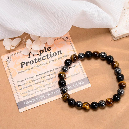 MASSIVE BEADS Triple Protection - Stone of Strong Protect - Handmade Yoga Stretch Elastic Bracelet Natural Stone Crystal Healing Power Energy Gifts for Unisex Adult 4mm