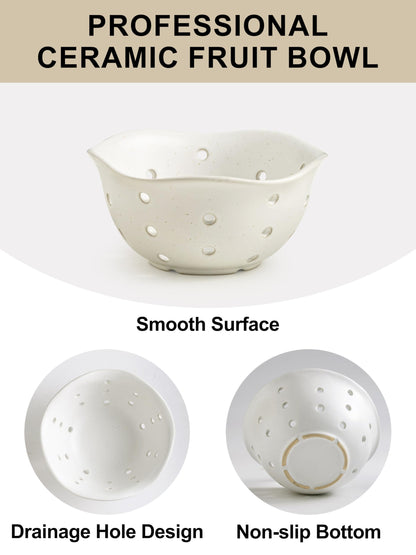Gomakren Ceramic Berry Basket Set of 2, Rustic Fruit Basket Container 6 Inch, Fruit Bowl with Holes for Kitchen, Berries, Strawberry, Grape, Cherry, Floral Shape - Cream White