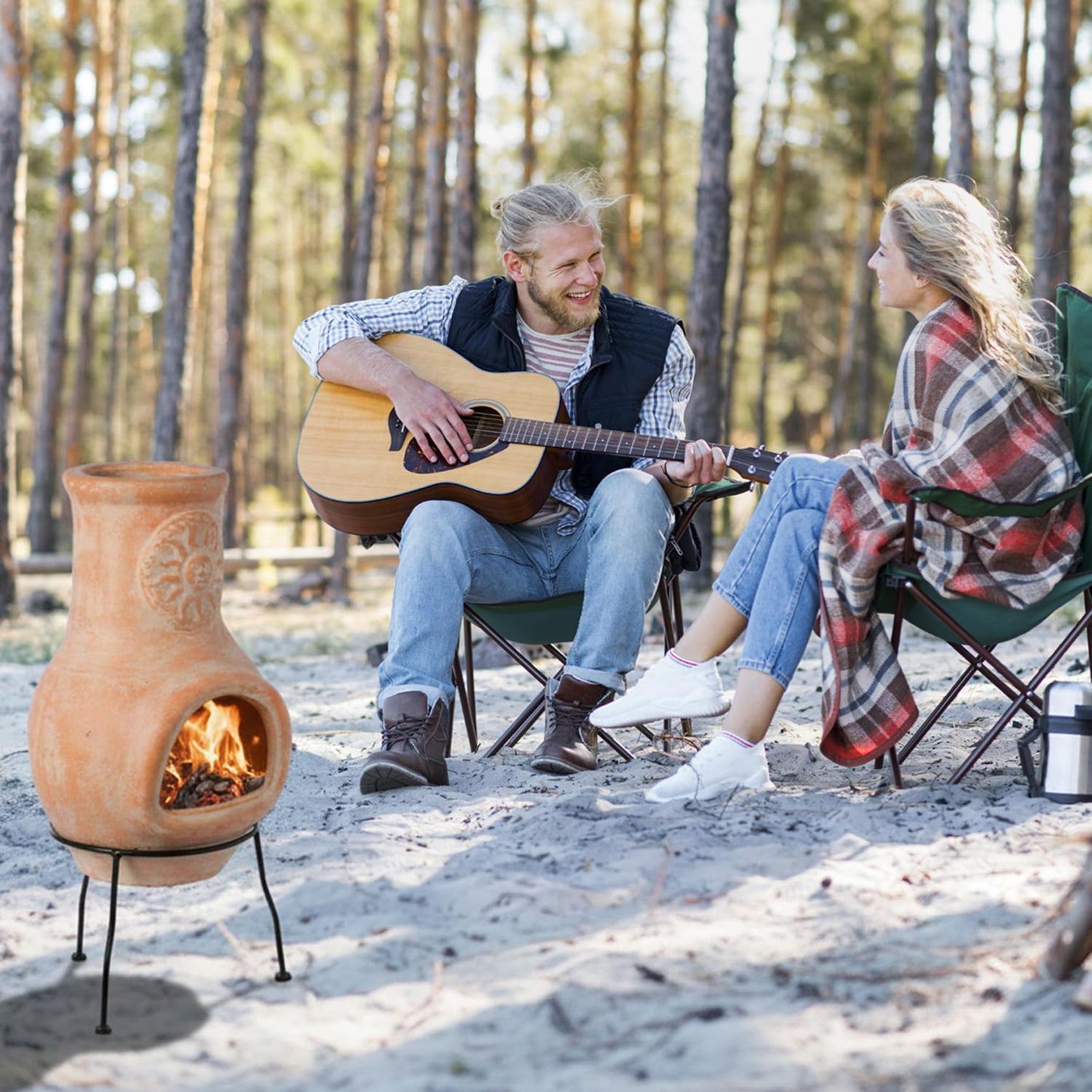 Outdoor Beige Clay Chiminea Outdoor Fireplace Sun Design Charcoal Burning Fire Pit with Sturdy Metal Stand, Barbecue, Cocktail Party, Family Gathering, Cozy Nights Fire Pit