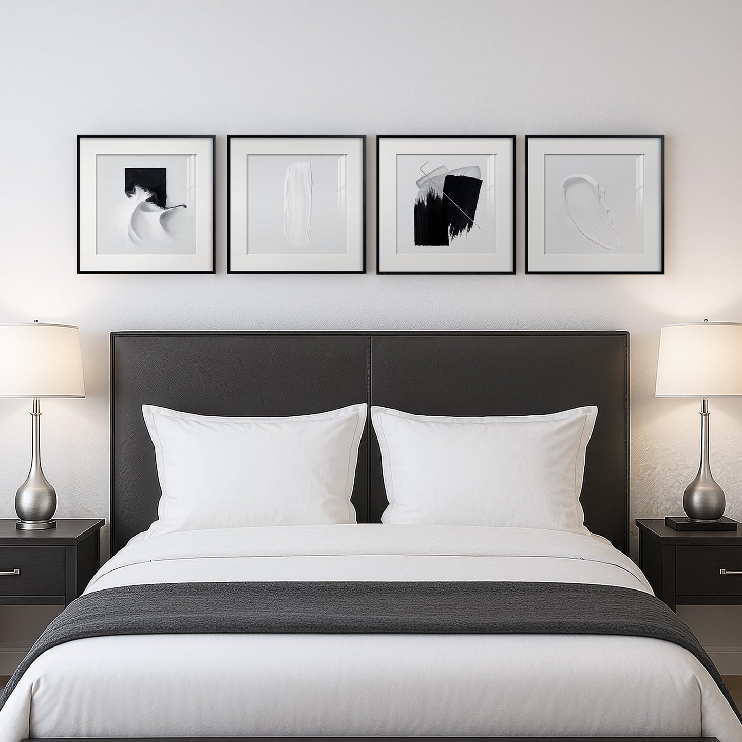 4 Panels Framed Abstract Black and White Wall Art Set, Modern Minimalist Line Print Home Decor, Canvas Pictures Paintings for Living Room Bedroom Bathroom Entryway and Dining Room 12x12 Inches