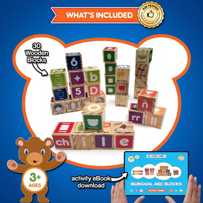 KIDS KORNER Alphabet Blocks Toys for Toddlers - Bilingual Educational Toys, Spanish Learning Toys, Stacking Toys with 30 Wooden Blocks and Toddler Learning Activities eBook