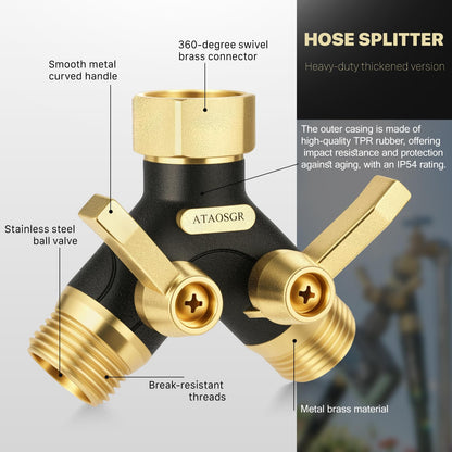 Hose Splitter 2 Way Heavy Duty, Metal Body Full Flow Garden Hose Splitter with Shut-Off Valve,3/4'' GHT Connector Water Hose Bib Y Spigot Splitter, For Outdoor Spigot Faucet and horticultural use.