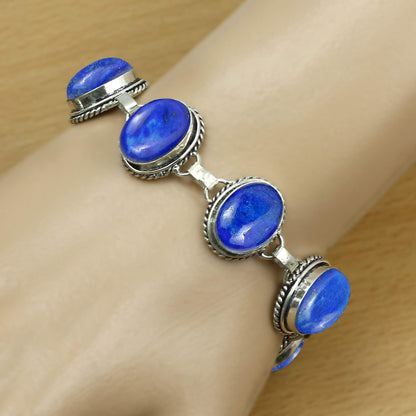 Natural Lapis Lazuli Silver Plated Handmade Link Bracelet for Women - September Birthstone Oval Gemstone Adjustable Bracelet Vintage Style Bohemian Jewelry - Mother's Day Gifts for Her