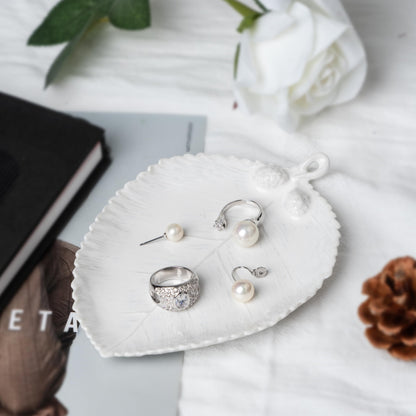 Ceramic Jewelry Dish, Decorative Tray for Rings Earrings Necklaces Bracelet Watch Keys, 4.50" Trinket Tray as Gifts for Women (White Leaf)