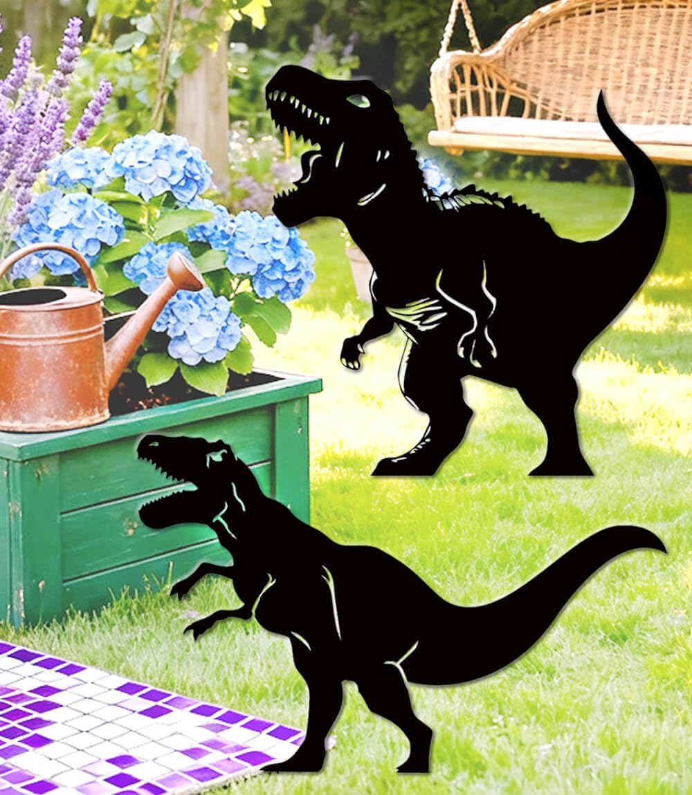 Large 14.56" Metal Garden Decor, 2 Pack Weather-Proof Dinosaur Statue, Dino Silhouette Garden Sculptures & Statues Stakes for Outdoor Lawn, Patio, Flower Beds, Ideal Gardening & Country Gifts