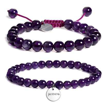 JADENOVA 6/8mm Natural Amethyst Gemstone Bracelet Elastic Stretch Yoga Beaded Healing Crystal Bracelet Couples Gifts for Men Women (2pcs Set)