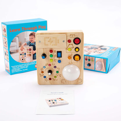 JOYKEKE Montessori Wooden Busy Board Activity Board with Tap Clap Light, Safe Durable Sensory Educational Toy for 1-4 Year Olds, Build Fine Motor & Hand-Eye Coordination for Toddler Boys & Girls