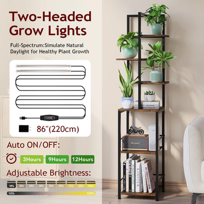 Plant Stand Indoor with Grow Light, 6-Tiered Tall Plant Stand Indoor, Metal Plant Shelf with Bookshelf Bookcase and Adjustable Light, Ideal for Living Room, Reading room, Garden, Patio (Brown)