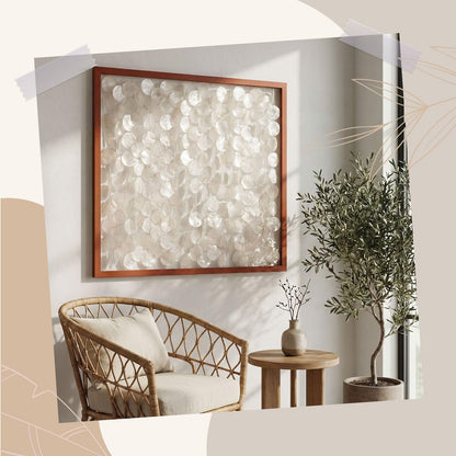 Yerliker 1 Pcs 24"x24" Capiz Shell Wall Decor Handmade Coastal Wall Art with Solid Wood Frame 3D Minimalist Natural Ocean Sea Shell Decor Frame Beach Nautical Art for Home Living Room Office Bedroom