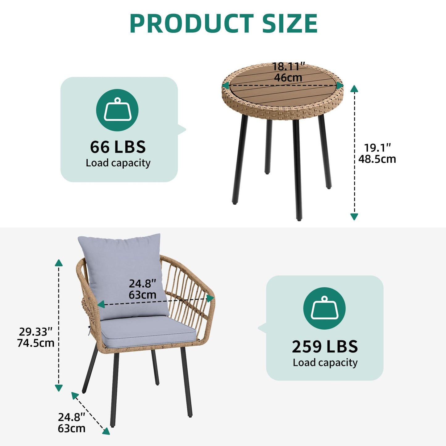 YITAHOME 3 Piece Bistro Set Outdoor with Thick Cushions&Table All-Weather Wicker Patio Furniture Set with Armrest Rattan Conversation Set for Balcony, Backyard, Pool, Porch, Deck - Grey