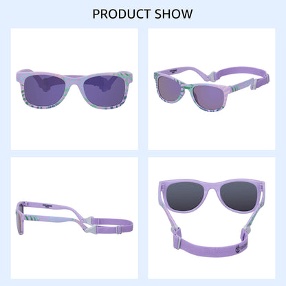 COCOSAND Flexible Polarized Baby Sunglasses with Strap UV Protection for Toddler Infant Newborn Girl Boy Age 0-24 Months, Matte Purple with Leaf Print