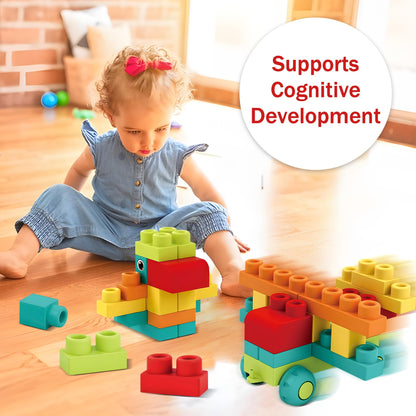 ROHSCE Soft Building Blocks & Sensory Balls Bundle – STEM Montessori Stacking Toys, Rubber Blocks 42PCS with Storage Bag (12-18M), Sensory Balls for Babies 6–12M & Toddlers 1–3, Teething Gift