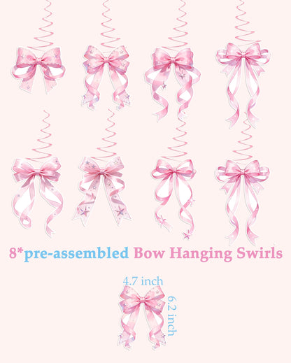 Pre-strung Pink Bow Happy Birthday Decorations - Happy Birthday Banner and Pink Bow Hanging Swirls Kit Decor for Girls Women Room Bachelorette Party