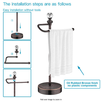 ROLABAM Heavy Weighted Hand Towel Holder(with Crystal Ball) Standing Hand Towel Holder Total Height 15.7'' for Kitchen,Bathroom,Vanity,Classic Decorative Metal Hand Towel Stand,Oil Rubbed Bronze