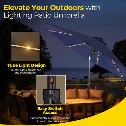 Tempera 10ft Patio LED Umbrella with light | Solar Outdoor Umbrella | Market Table Parasol with Push Button Tilt and Crank, with Sturdy Pole&Fade resistant canopy,Easy to set