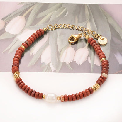 vissen Red Natural Stone Bracelets for Women Gold Bangle Bracelets Stainless Steel Freshwater Cultured Pearl Bracelet Jewelry Gift