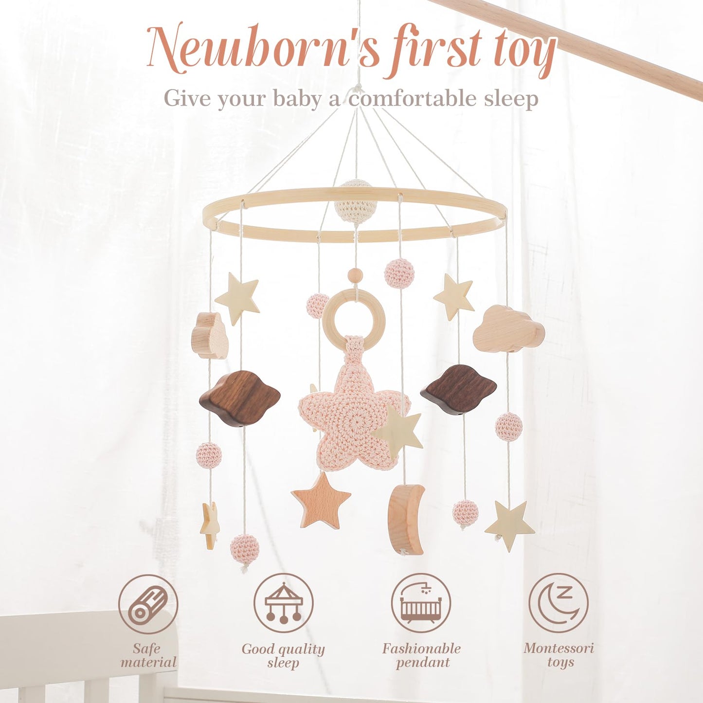 let's make Baby Crib Mobile for Boys Girls| Boho Nursery Mobile| Gender Neutral Hand-Crocheted Mobile| Ceiling Mobile - Stars, Clouds, Moon (Pink)