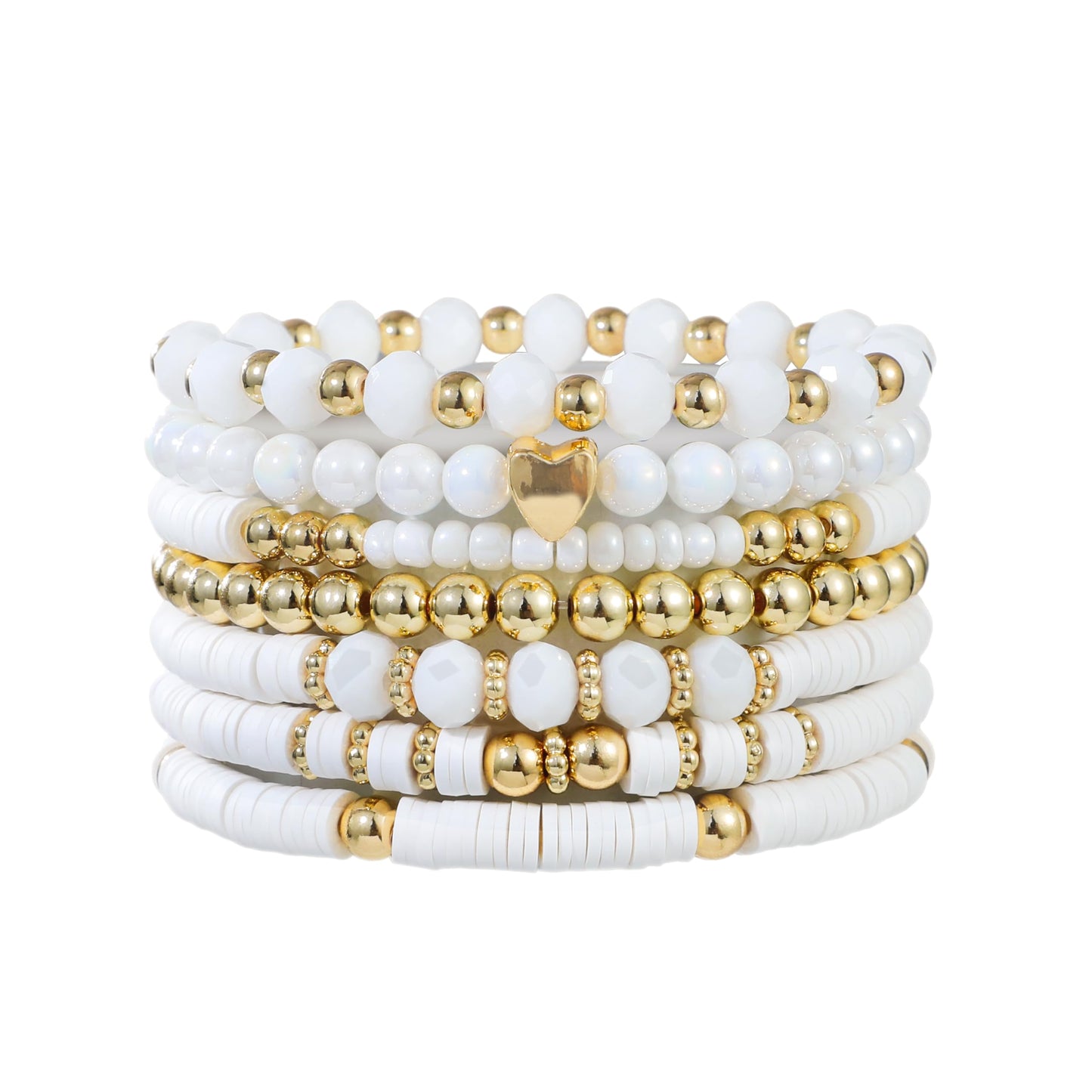 RISHEGAE Heishi Beaded Stretch Bracelets for Women Stackable Gold Polymer Clay Beads Bracelets Friendship Boho Summer Beach Bracelet Jewelry Set (F-H white)