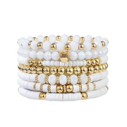 RISHEGAE Heishi Beaded Stretch Bracelets for Women Stackable Gold Polymer Clay Beads Bracelets Friendship Boho Summer Beach Bracelet Jewelry Set (F-H white)