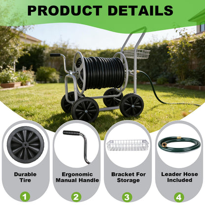Hose Reel Cart, 300FT of 5/8’’ Hose, Heavy-Duty Water Hose Cart with 4 Wheels, Storage Basket, Portable Water Hose Organizer for Outside Yard, Outdoor Planting Tool (Sliver)
